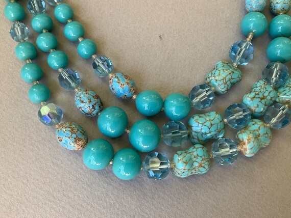 Turquoise Glass Three Strand Graduated Bead Neckl… - image 2