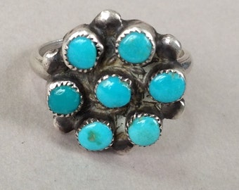 Turquoise Zuni Snake Eyes Flower Sterling Silver Ring Size 6