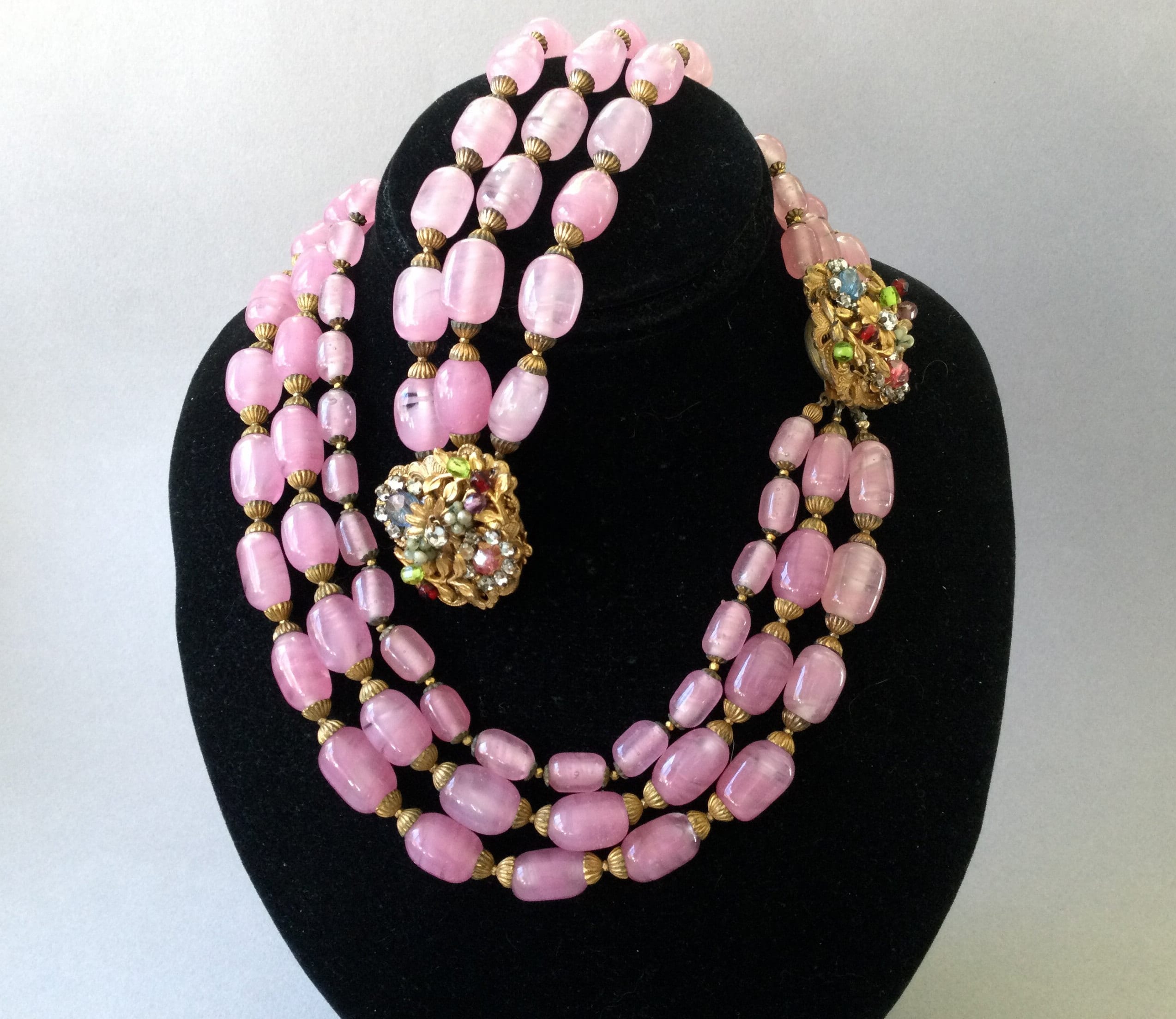 Miriam Haskell Pink Art Glass Three Strand Necklace/bracelet Set