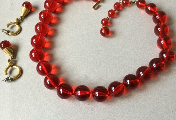Ruby Red Lucite Bead Choker/Necklace and Earring … - image 4