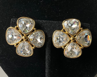 Napier Gold Tone Four Leaf Clover Rhinestone Clip on Earrings