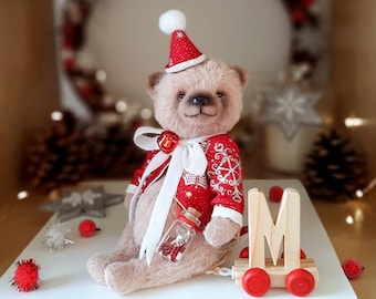 SOLD!!! Merry Christmas Teddy Bear with wooden letter ,Teddy Bear Classik, Handmade teddy bear, Collectible Teddy Bear