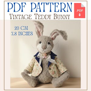 Tutoriel et patron de couture PDF vintage lapin en peluche, intérieur articulé lapin 20 cm/7,8 po. avec veste, modèle de peluche bricolage étape par étape