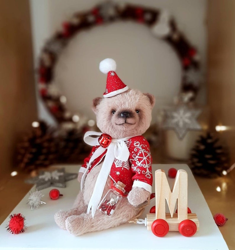 SOLD Merry Christmas Teddy Bear with wooden letter ,Teddy Bear Classik, Handmade teddy bear, Collectible Teddy Bear image 1