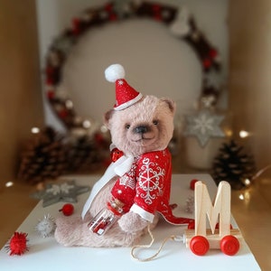 SOLD Merry Christmas Teddy Bear with wooden letter ,Teddy Bear Classik, Handmade teddy bear, Collectible Teddy Bear image 4