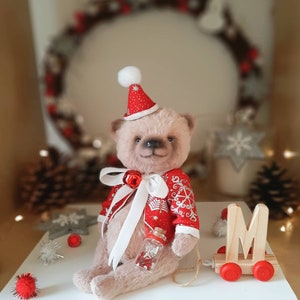 SOLD Merry Christmas Teddy Bear with wooden letter ,Teddy Bear Classik, Handmade teddy bear, Collectible Teddy Bear image 6