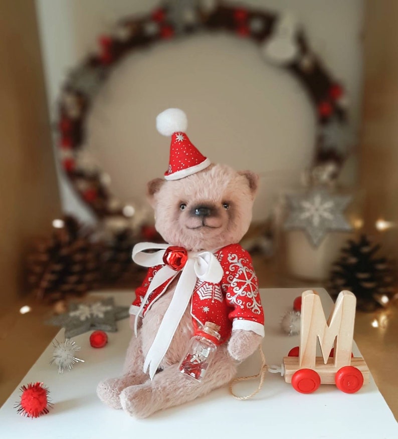 SOLD Merry Christmas Teddy Bear with wooden letter ,Teddy Bear Classik, Handmade teddy bear, Collectible Teddy Bear image 6