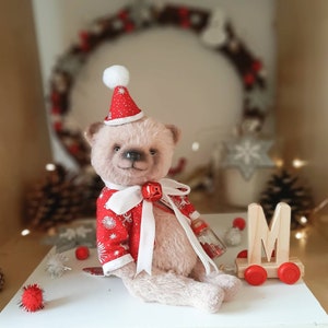 SOLD Merry Christmas Teddy Bear with wooden letter ,Teddy Bear Classik, Handmade teddy bear, Collectible Teddy Bear image 3