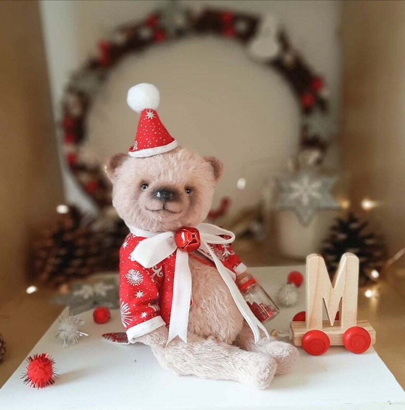 SOLD Merry Christmas Teddy Bear with wooden letter ,Teddy Bear Classik, Handmade teddy bear, Collectible Teddy Bear image 3