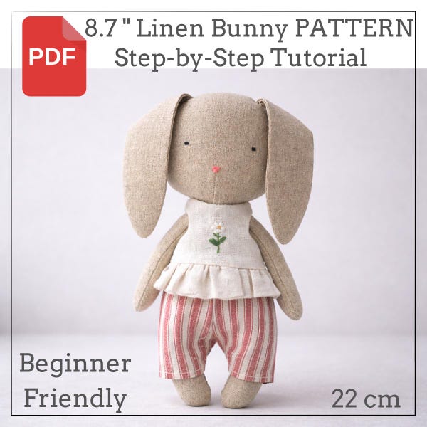 8.7" Linen Toy with Clothes, Bunny Sewing Pattern PDF, DIY Easy Stuffed Animal Pattern for Beginners, Handmade Rag Doll Tutorial