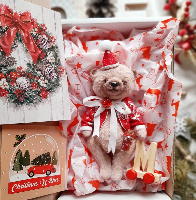 SOLD Merry Christmas Teddy Bear with wooden letter ,Teddy Bear Classik, Handmade teddy bear, Collectible Teddy Bear image 10