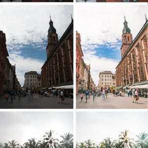 May include: Before and after images showing how Lightroom presets can enhance travel photos. The presets add warmth, vibrancy, and depth to the images. The images show a cityscape, a street scene, and a palm tree landscape.