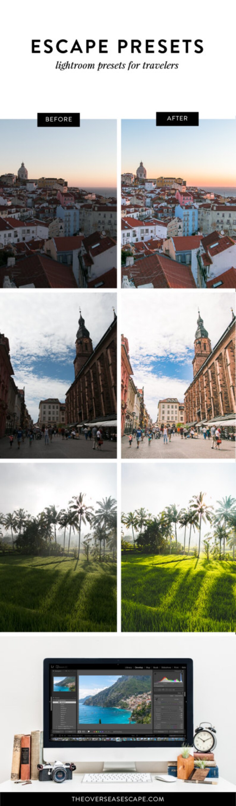 May include: Before and after images showing how Lightroom presets can enhance travel photos. The presets add warmth, vibrancy, and depth to the images. The images show a cityscape, a street scene, and a palm tree landscape.