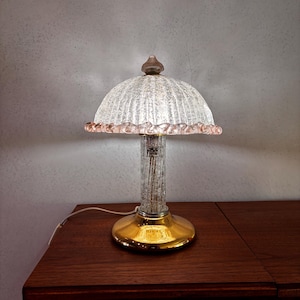 Vintage Murano Style Table Lamp Pink Ruffled Glass Shade Brass Base MidCentury Italian Lighting