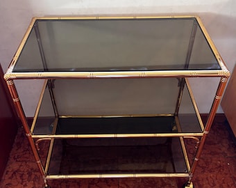 Italian Mid-Century Brass & Smoked Glass 3-Tier Bar Cart – Faux Bamboo – Hollywood Regency – 1970s