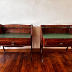 Pair of Mid-Century Italian Nightstands | 1950s Vintage Bedside Tables with Original Etched Glass & Brass Handles | Dassi Style
