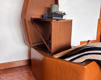 Vintage 1970s Italian Pouf with Hidden Steps & Storage — Milan Design, Cognac Faux Leather Ottoman