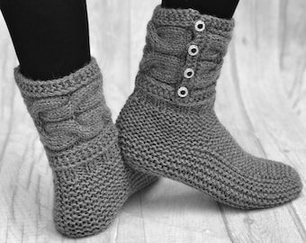 Hand Knit Wool Slipper Socks – Cable Knit Button Slippers