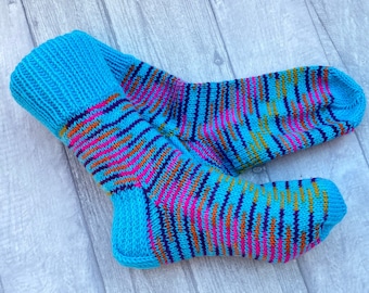 Hand knitted striped wool socks Christmas gift for wife or husband, winter socks for cozy evenings