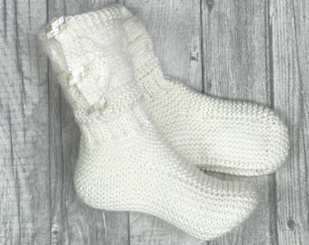 Hand Knit Wool Slipper Socks: Cable Knit, Button Detail