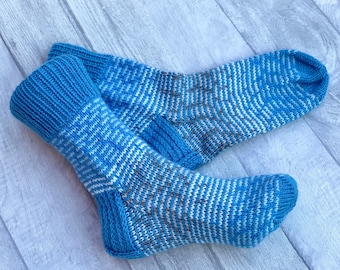 Hand-Knitted Blue Striped Wool Socks, Size 4-6 UK