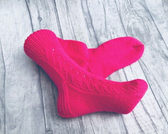 Neon pink socks, Knitted socks, Wool footwear, Warm gift, Hand knitted socks, Spring socks, Soft leg warmers