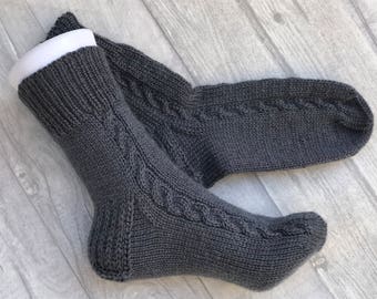 Hand Knit Wool Socks Women - Chunky Cable Knit, Grey
