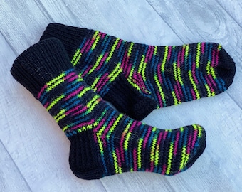 Hand Knit Wool Socks, Striped Gift Socks, UK Size 5-6