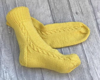 Hand Knit Wool Socks, Yellow Cable Knit Leg Warmers, Gift for Family