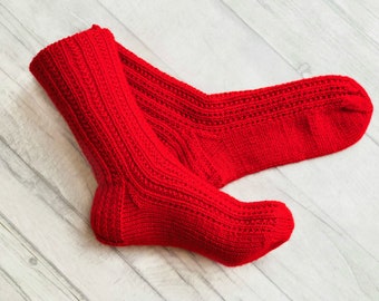 Red Wool Socks - Red Socks - Red Clothing - Hand Knit Socks - Wool Socks - Gift for Mum - Bright Socks - Women Socks - Warm Socks
