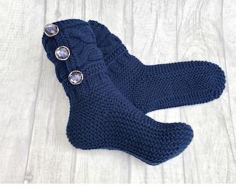 Navy blue knit slippers, Custom handmade slipper socks