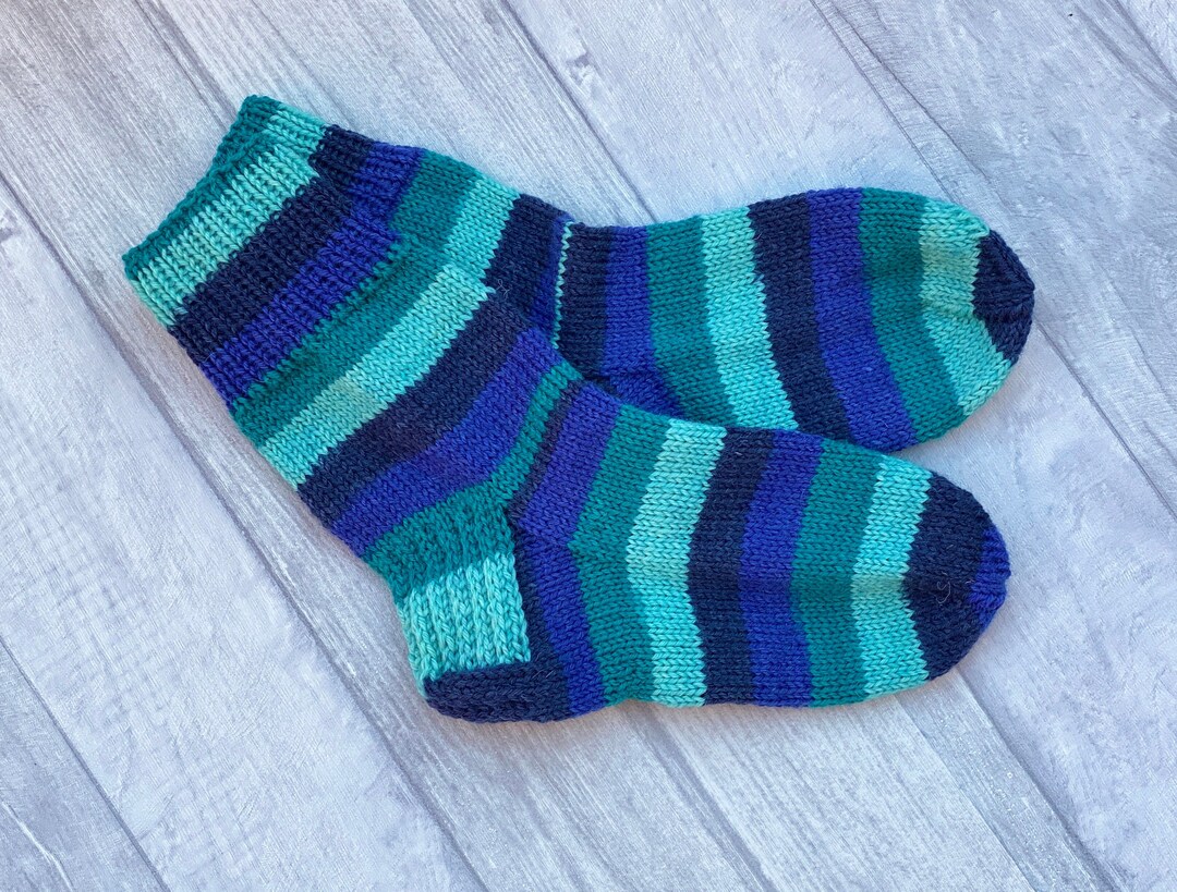 Striped Hand Knitted Wool Socks Blue Slipper Socks