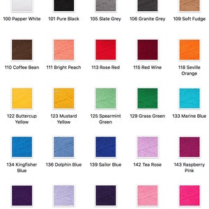 May include: A color chart of yarn samples, showing 16 different colors, including Papper White, Pure Black, Slate Grey, Granite Grey, Soft Fudge, Coffee Bean, Bright Peach, Rose Red, Red Wine, Seville Orange, Buttercup Yellow, Mustard Yellow, Spearmint Green, Grass Green, Marine Blue, Kingfisher Blue, Dolphin Blue, Sailor Blue, Tea Rose, Raspberry Pink, Rich Mauve, Pale Lilac, Dark Aubergine, Bubblegum Pink, and Neon Pink.