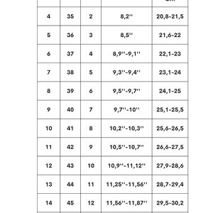 May include: Size chart for shoes in US, European, and UK sizes. The chart shows the corresponding foot length in inches and centimeters for each size.