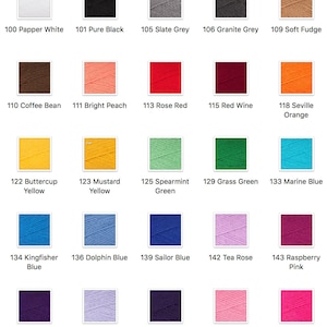 May include: A color chart of yarn samples, showing 16 different colors, including Papper White, Pure Black, Slate Grey, Granite Grey, Soft Fudge, Coffee Bean, Bright Peach, Rose Red, Red Wine, Seville Orange, Buttercup Yellow, Mustard Yellow, Spearmint Green, Grass Green, Marine Blue, Kingfisher Blue, Dolphin Blue, Sailor Blue, Tea Rose, Raspberry Pink, Rich Mauve, Pale Lilac, Dark Aubergine, Bubblegum Pink, and Neon Pink.