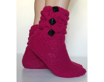 Fuchsia Knitted  Home Slippers - House Slippers - Home Socks - Home Clothing - Slipper Socks - Knit Socks - Knitted Socks - Soft Socks