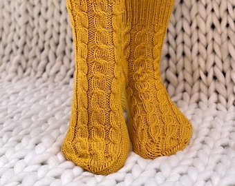 Hand Knitted Wool Socks, Colorful Cable Knit, Women's Size 5-7 UK