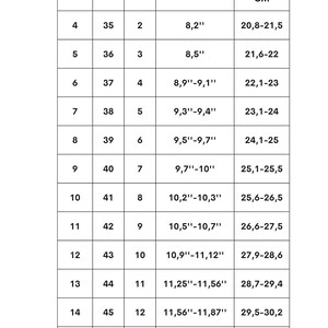 May include: Size chart for shoes in US, European, and UK sizes. The chart shows the corresponding foot length in inches and centimeters for each size.