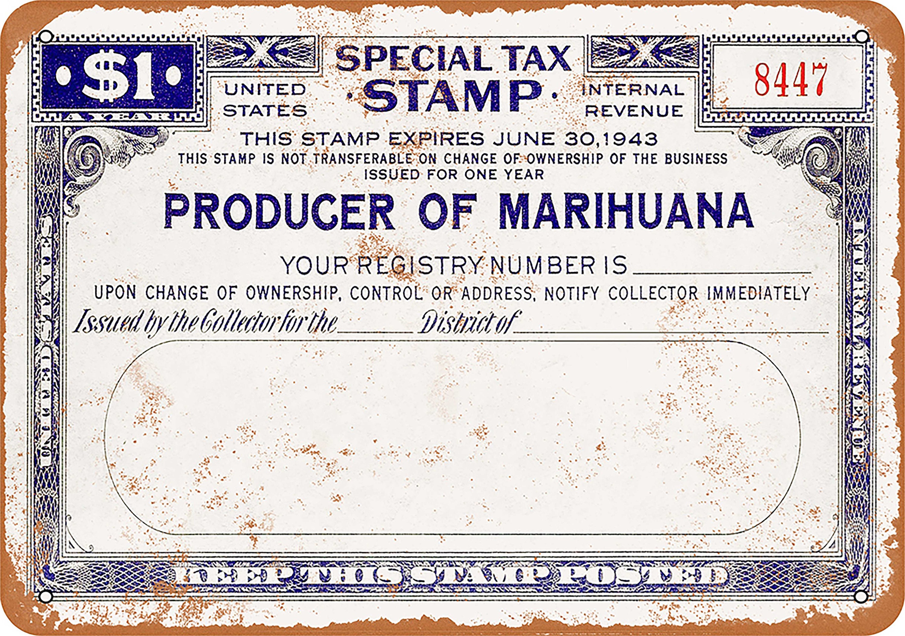 1943 Marijuana Producer Tax Stamp One Dollar Vintage Look Etsy