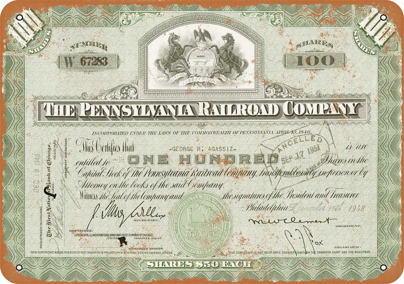 Certificate Art 1948 Pennsylvania Railroad Stock Certificate Etsy