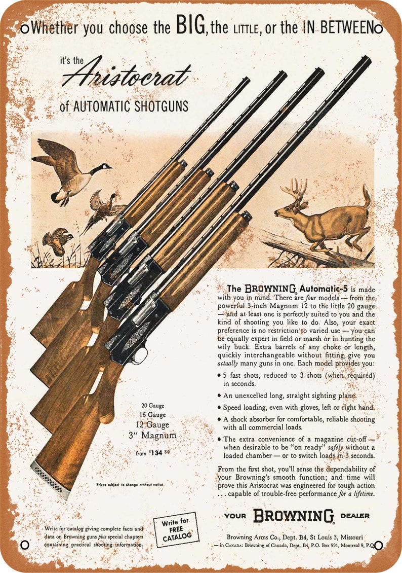 1961 Browning Shotguns Vintage Look Metal Sign or Matted Print for 11x14 Frame