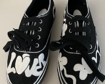Custom Black Canvas Sneakers | hand painted design | Black & White Love flower