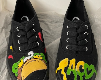Custom Black Canvas Sneaker | Hand Painted design | TACO LOVE