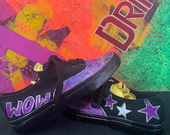 Custom Black Canvas Sneaker | Hand Painted design | WOW Purple Abstract
