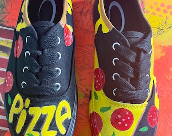 Custom Black Canvas Sneaker | Hand Painted design | PIZZA LOVE