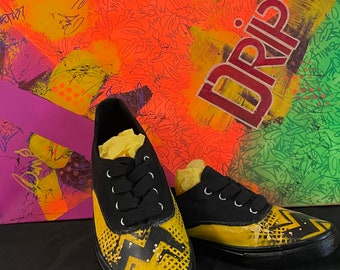 Custom Canvas Sneaker | Hand Painted | Black and Yellow Abstract