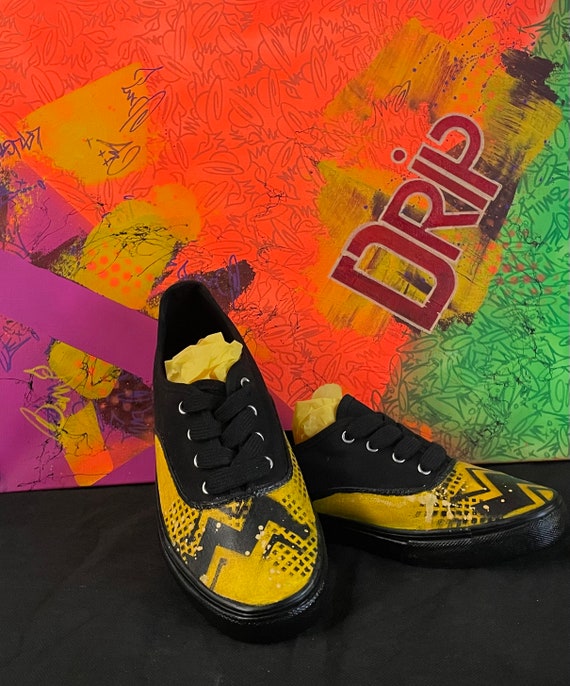 Custom Canvas Sneaker Hand Painted Black and Yellow Abstract