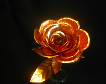 Most popular Hand crafted medium copper rose open center bud sculpture great for anniversaries or gifts for rose lovers.