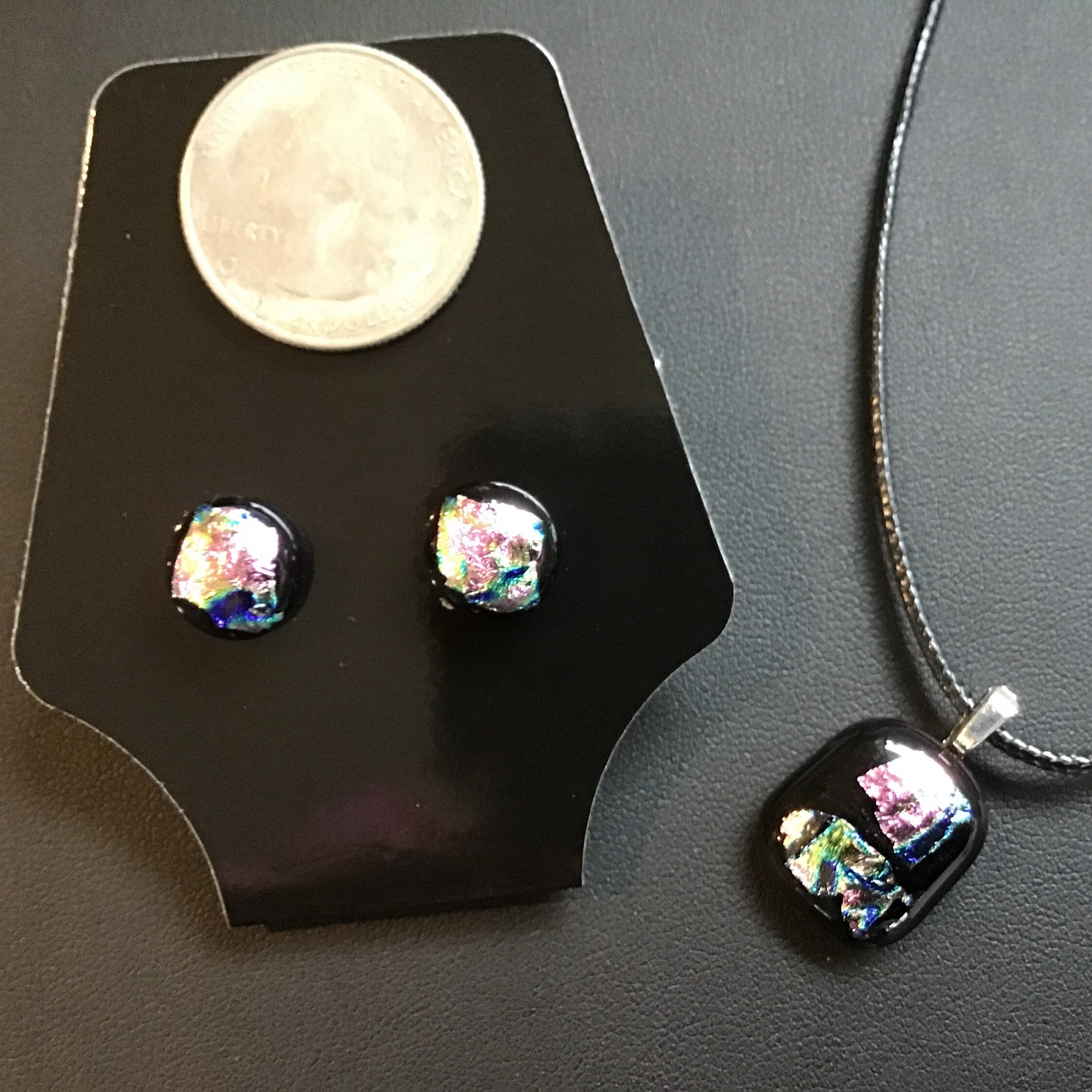 Sterling Silver Blue Dichroic Glass Earrings & 18in Necklace Set Sterling Silver Blue Dichroic Glass Earrings & 18in Necklace Set