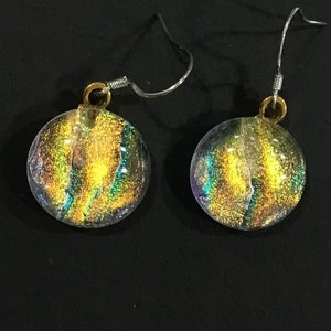 Kaleidoscope Dreams: Multicolored Yellow, Blue, Green Fused Dichroic Glass Dangle Drop Earrings